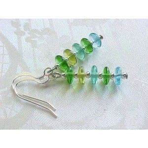 B2G1 Color Block Ombre Green Aqua Blue Stack Handmade Czech Glass Bead Earrings